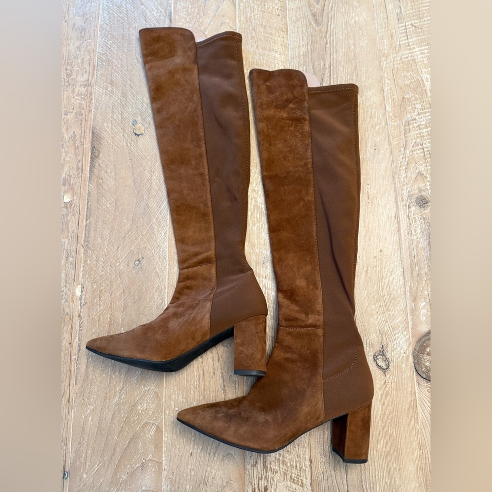 Stuart Weitzman Chestnut Brown Over-the-Knee Suede Block Heel Boots
